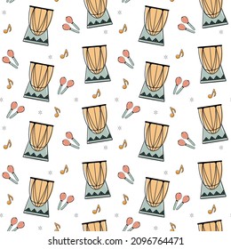 Musical instruments seamless pattern. Accordion, trumpet, saxophone, french horn, cello, maracas, musical notes in trendy flat line art style. Beautiful design for web background, fabric, paper. 