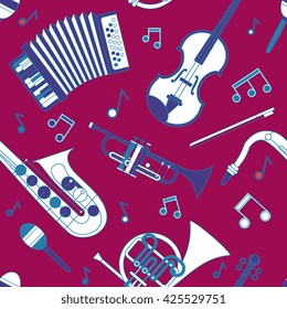 Musical instruments seamless pattern. Accordion, trumpet, saxophone, french horn, cello, maracas, musical notes in trendy flat line art style. Beautiful design for web background, fabric, paper. 
