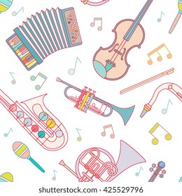 Musical instruments seamless pattern. Accordion, trumpet, saxophone, french horn, cello, maracas, musical notes in trendy flat line art style. Beautiful design for web background, fabric, paper. 