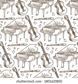 Musical instruments seamless pattern, acoustic guitar and piano, flute and melody signs. Classic music concert or performance, orchestra entertainment. Monochrome sketch outline, vector in flat style