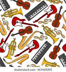 Musical instruments seamless pattern with acoustic and electric guitar, saxophone, synthesizer, violin and trumpet over white background with golden treble clef