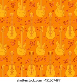 Musical instruments seamless pattern. Background with guitar and notes. Orange background. Vector illustration