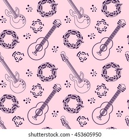 Musical instruments seamless pattern background. Guitars and notes. Musical string instruments. Vector illustration