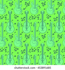 Musical instruments seamless pattern. Background with guitar and notes. Green background. Vector illustration