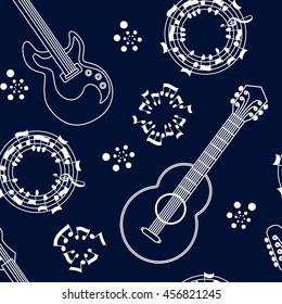 Musical instruments seamless pattern background. Guitars and notes. Musical string instruments. Vector illustration