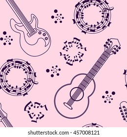 Musical instruments seamless pattern background. Guitars and notes. Musical string instruments. Vector illustration