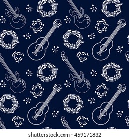 Musical instruments seamless pattern background. Guitars and notes. Musical string instruments. Vector illustration