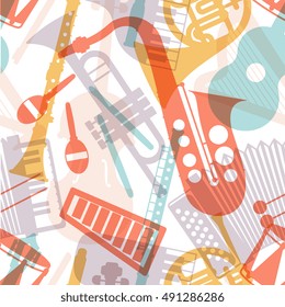 Musical instruments seamless pattern background. Vector illustration. Cello, french horn, guitar, piano, bagpipes and others. Design concept for paper, textile. Modern line art style.