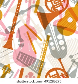 Musical instruments seamless pattern background. Vector illustration. Cello, french horn, guitar, piano, bagpipes and others. Design concept for paper, textile. Modern line art style.