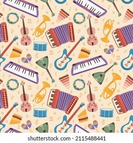 Musical instruments seamless pattern. Cartoon orchestra accessories, funny accordion, guitar, electro piano and maracas on beige background. Decor textile, wrapping paper, vector print