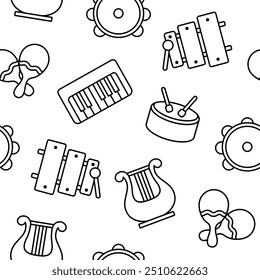 Musical instruments. Seamless pattern. Coloring Page. Music stuff for classical orchestra. Hand drawn style. Vector drawing. Design ornaments.