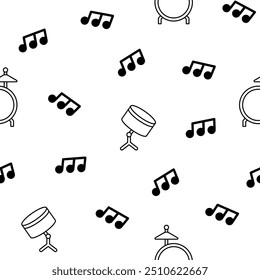 Musical instruments. Seamless pattern. Coloring Page. Music stuff for classical orchestra. Hand drawn style. Vector drawing. Design ornaments.