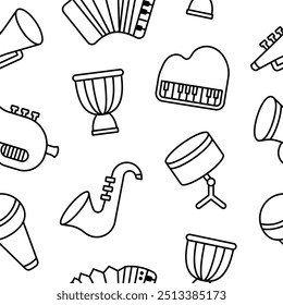 Musical instruments. Seamless pattern. Coloring Page. Music stuff for classical orchestra. Hand drawn style. Vector drawing. Design ornaments.
