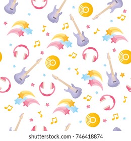 Musical instruments seamless pattern. Concert or festival background. Accordion, saxophone, drums and gramophone. Background for fabric print, texture and wrapping paper.
