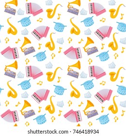 Musical instruments seamless pattern. Concert or festival background. Accordion, saxophone, drums and gramophone. Background for fabric print, texture and wrapping paper.
