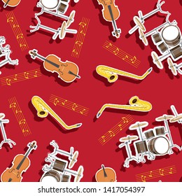 Musical instruments seamless pattern with drum set, saxophone, cello. Classical music concert or arts theme design eps