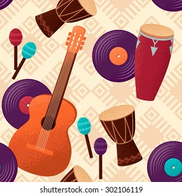 Musical instruments seamless pattern. Ethnic geometric ornamental background. Guitar, percussion and conga drums, maracas and vinyl records