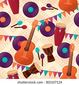 Musical instruments seamless pattern. Ethnic geometric ornamental background. Guitar, percussion and conga drums, maracas, vinyl records and flags