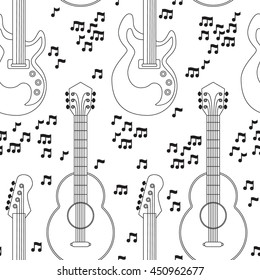 Musical instruments seamless pattern. Guitars and notes on white background. Vector illustration