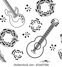 Musical instruments seamless pattern. Guitars and notes on white background. Vector illustration