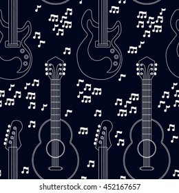 Musical instruments seamless pattern. Guitars and notes on black background. Vector illustration