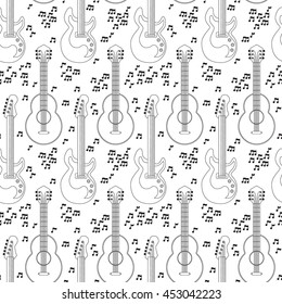 Musical instruments seamless pattern. Guitars and notes on white background. Vector illustration