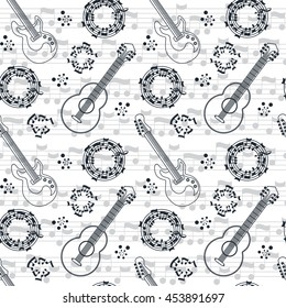 Musical instruments seamless pattern. Guitars and notes on white background. Vector illustration