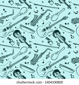 Musical instruments seamless pattern  with hand drawn elements. music pattern with electro guitar, saxophonejazz saxophone microphone, microphone in sketch style, notes.