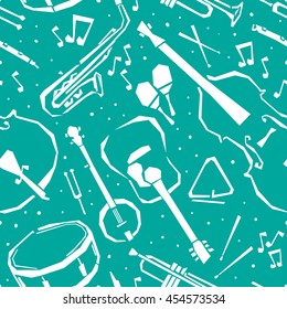  Musical instruments seamless pattern. Jazz background
