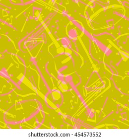  Musical instruments seamless pattern. Jazz background