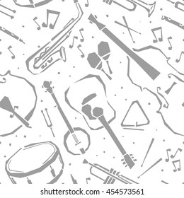  Musical instruments seamless pattern. Jazz background