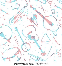  Musical instruments seamless pattern. Jazz background