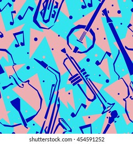  Musical instruments seamless pattern. Jazz background