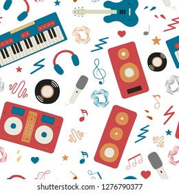 Musical instruments seamless pattern. Karaoke, live, disco music festival concept. Vector isolated elements. Electro, rock concert poster with guitar, synthesizer, speakers, vinyl record.