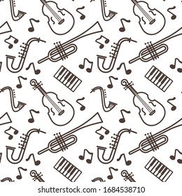 Musical instruments seamless pattern, music playing art and concert vector Pipe and piano keyboard, violin and saxophone, endless texture. Notes and orchestra tools, monochrome wallpaper print