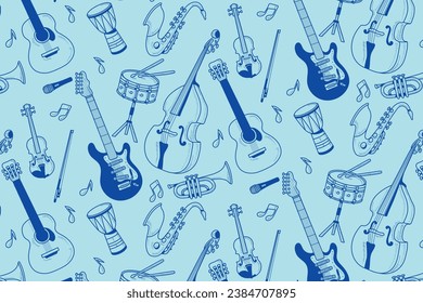 Musical instruments Seamless pattern. Music instruments Seamless pattern. Music instrument doodle background. Seamless pattern with musical instruments.