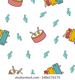 Musical instruments. Seamless pattern. Music stuff for classical orchestra. Hand drawn style. Vector drawing. Design ornaments.