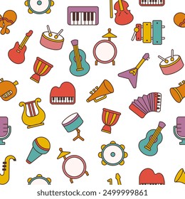 Musical instruments. Seamless pattern. Music stuff for classical orchestra. Hand drawn style. Vector drawing. Design ornaments.
