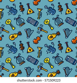 Musical instruments seamless pattern with objects in line style, art vector illustration