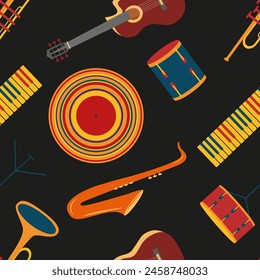 Musical instruments seamless pattern on the black background. Guitar, drum, piano, vinyl record, trumpet, saxophone. Vector illustration. 