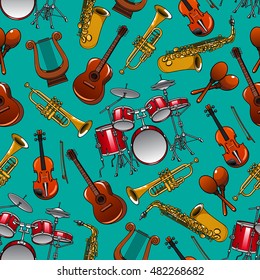 Musical instruments seamless pattern on turquoise background with drum set, guitar, trumpet, saxophone, violin, lyre and maracas. Classical music concert or arts theme design