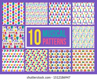 Musical instruments seamless pattern set. Guitar, mic, headphones flat backgrounds. Cartoon textures