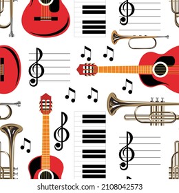 Musical instruments. Seamless pattern. Set of isolated objects. Vector image. 