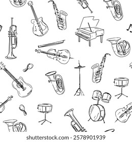 Musical instruments, seamless, pattern, set of illustrations, vector doodle