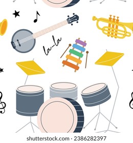 Musical instruments seamless pattern. Tuba, trumpet, drum flute, horn, lute, violin, electric bass guitar. Colored musical instruments background