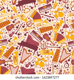 Musical instruments in seamless pattern, vector illustration. Wrapping paper with icons of piano, harp, drums, guitar and accordion. Isolated emblems in flat style. Music instrument store background