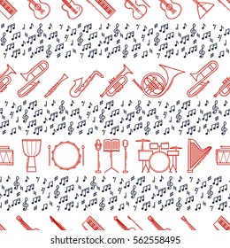 Musical instruments seamless pattern. Vector classic element illustration. Saxophone cello horn guitar piano harp and others silhouette collection. Modern line style.