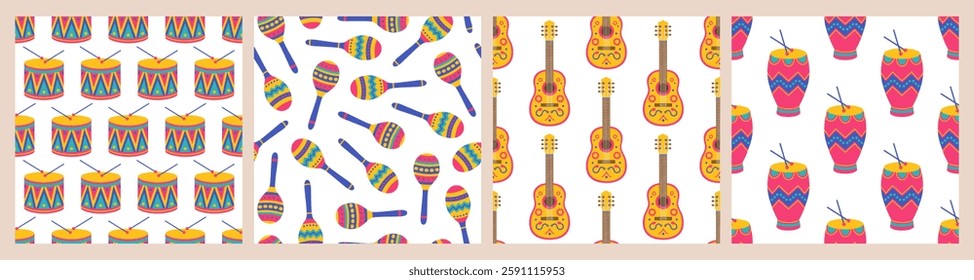 Musical instruments seamless patterns set. Colorful collection with drums, maracas, guitars on white background. Brazil Carnival, festival. Vector flat illustration for wallpaper, textile, packaging