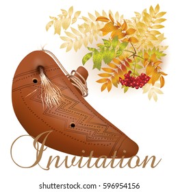 Musical instruments series. Traditional Peruvian ocarina, , isolated on white background with yellow leaves, a bunch of rowan and the 'Invitation' wording. Vector illustration