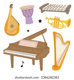 Musical instruments set. Bandura, djembe drum, bongo, congo, grand piano, wooden xylophone, tuba, trumpet, lyre, wooden harp. Vector illustration.